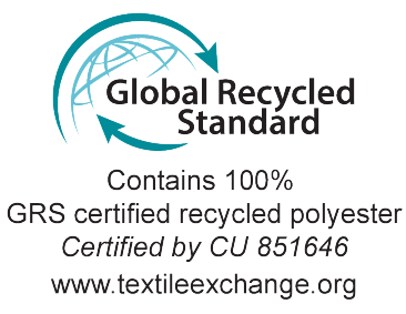 Global Recycled Standard pecsét: 100% GRS tanúsított újrahasznosított poliésztert tartalmaz, CU 851646 tanúsítvánnyal.