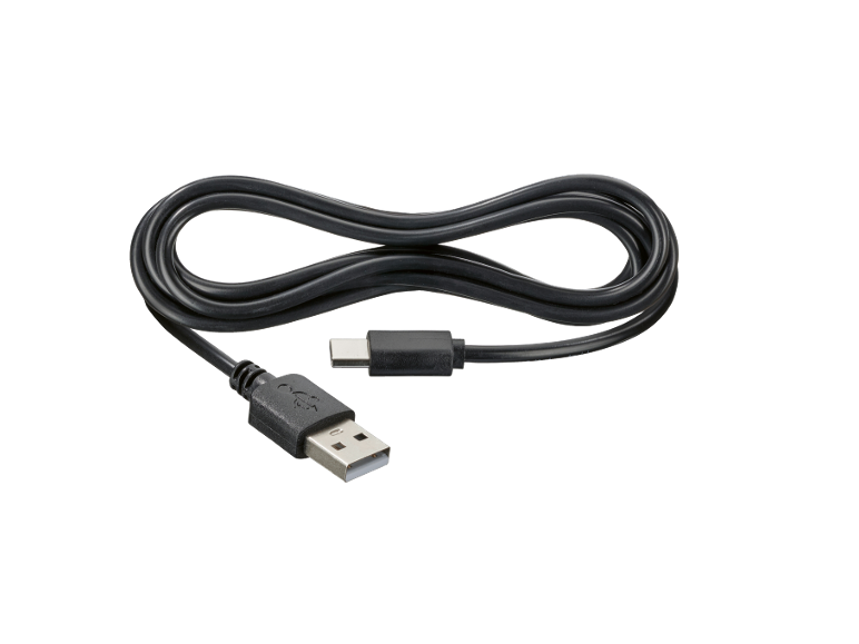 Fekete USB-A–USB-C kábel, végtelen jel formájában feltekerve.