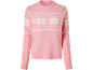 Rózsaszín pulóver fehér Fair Isle hópelyhes mintával.