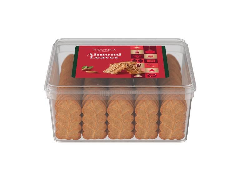 Favorina levél alakú mandulás keksz átlátszó dobozban.