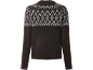 Barna pulóver fehér és szürke Fair Isle mintával a nyakrészen.