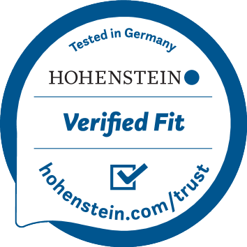Pecsét „Németországban tesztelt, Ellenőrzött illeszkedés” a hohenstein.com/trust webcímmel.