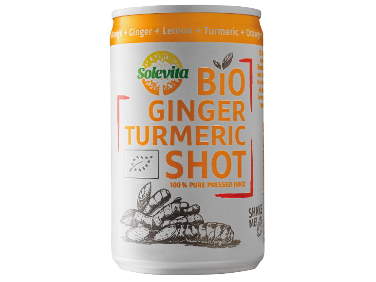 Solevita Bio gyömbér-kurkuma shot dobozban.