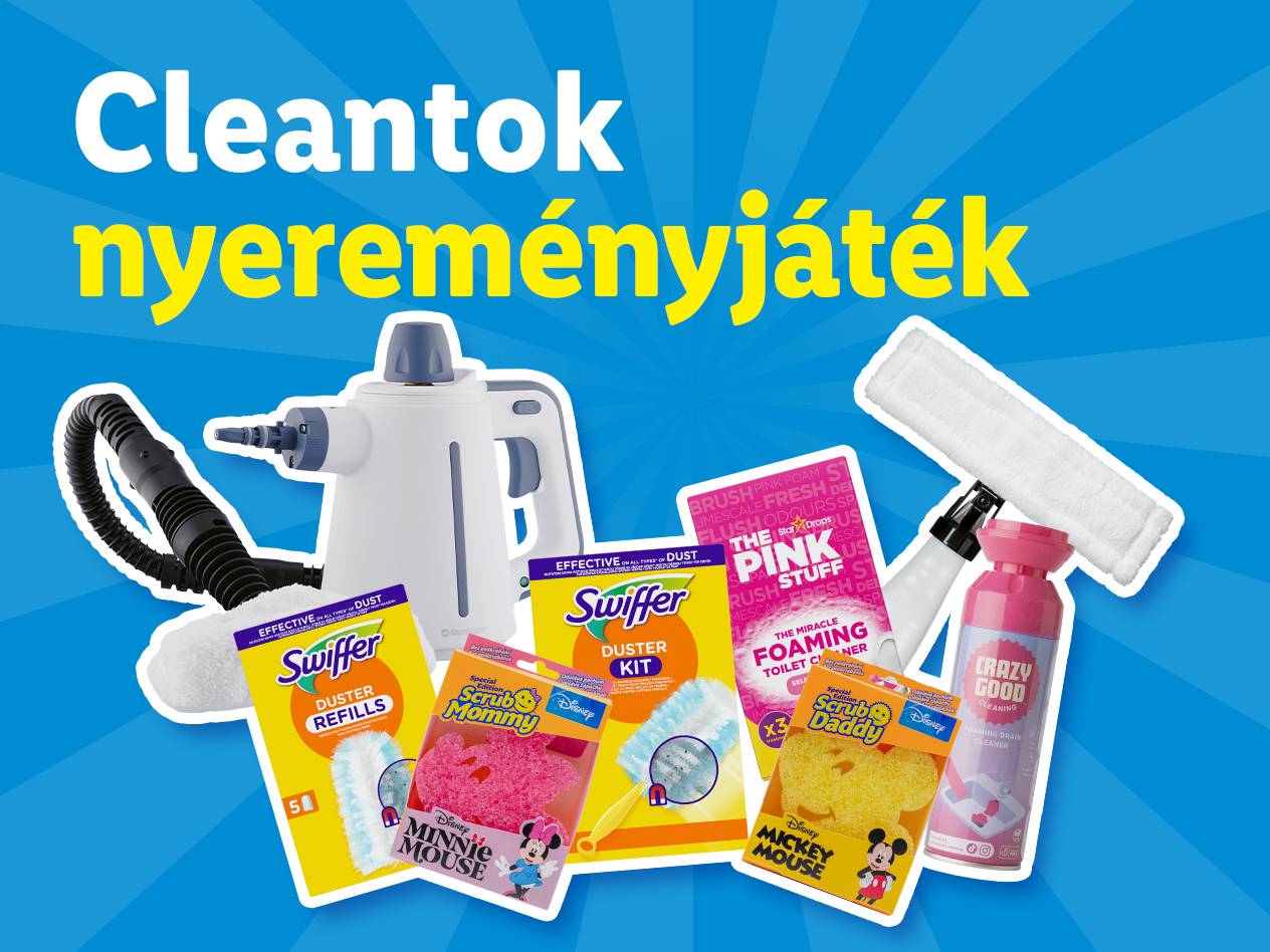 Tisztítószerek és eszközök, köztük gőztisztító, portörlők és tisztítóhabok, nyereményjáték hirdetésben.