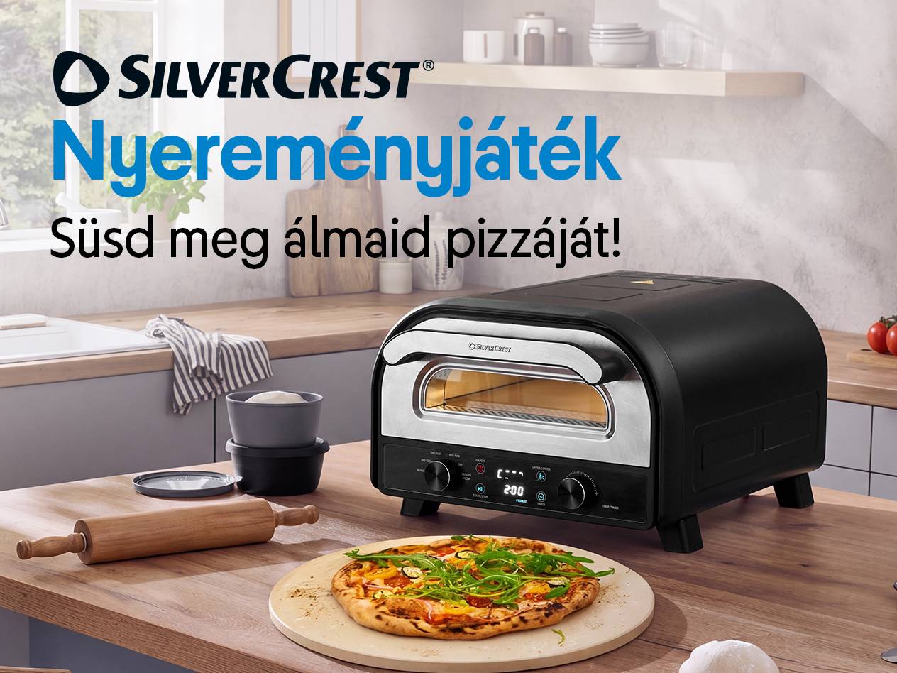 Pizzasütő egy konyhapulton, előtte egy frissen sült pizza és egy sodrófa. Felirat: Nyereményjáték, Süsd meg álmaid pizzáját!