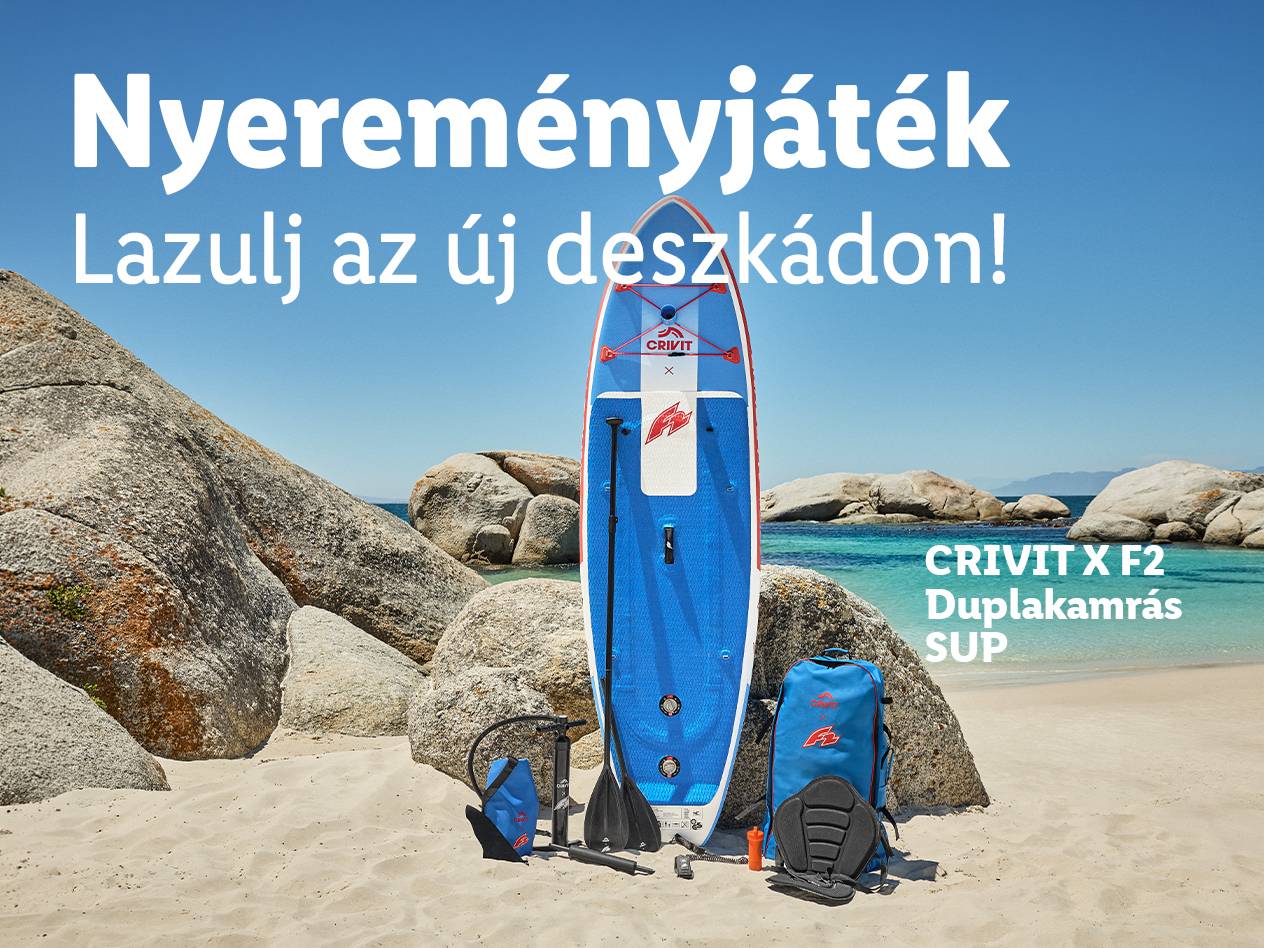 Nyereményjáték: Lazulj az új deszkádon! Kék SUP deszka és kiegészítők egy tengerparton.
