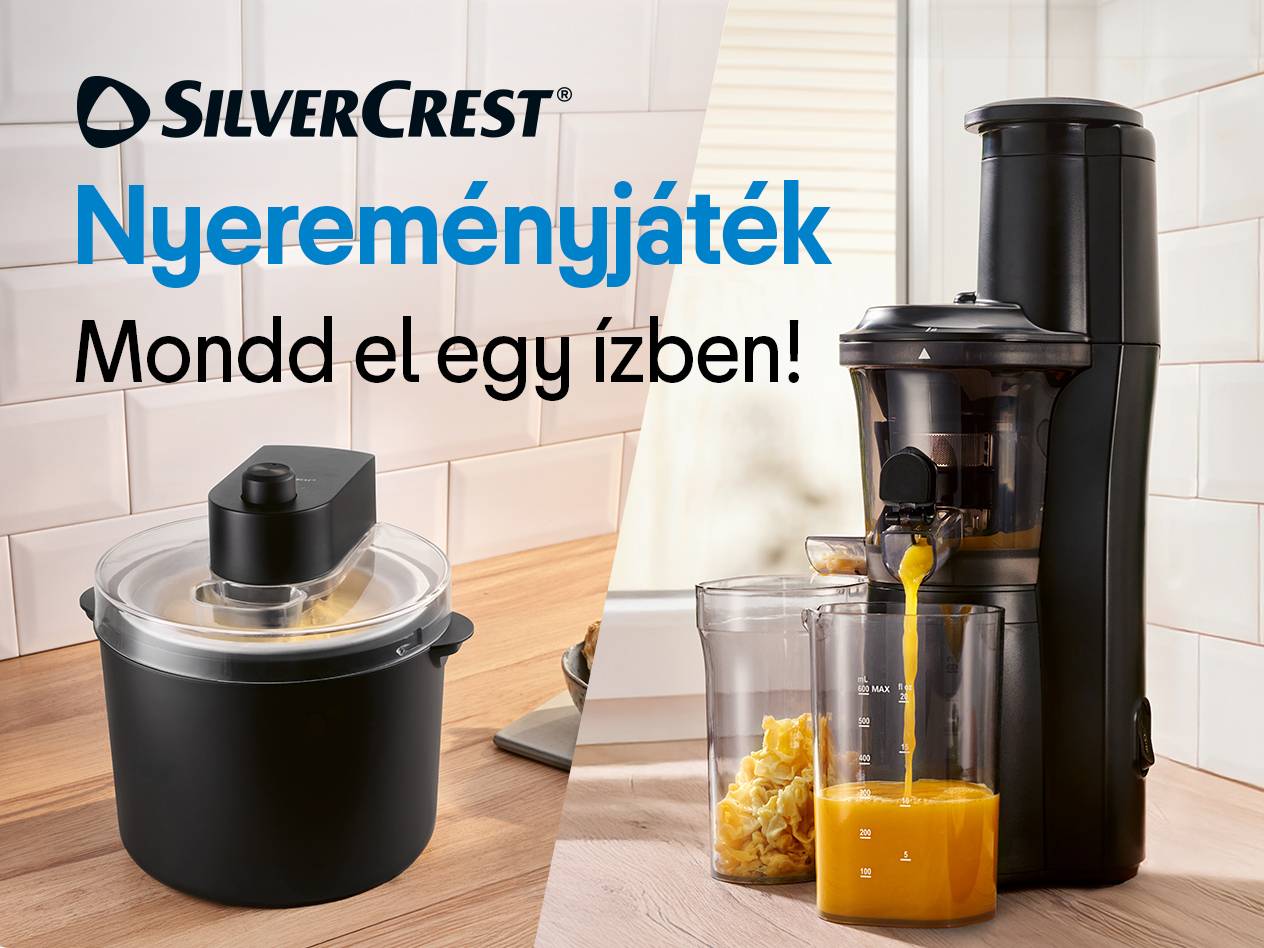 Jégkrémkészítő és lassú gyümölcscentrifuga egy konyhapulton. Szöveg: Nyereményjáték, Mondd el egy ízben!