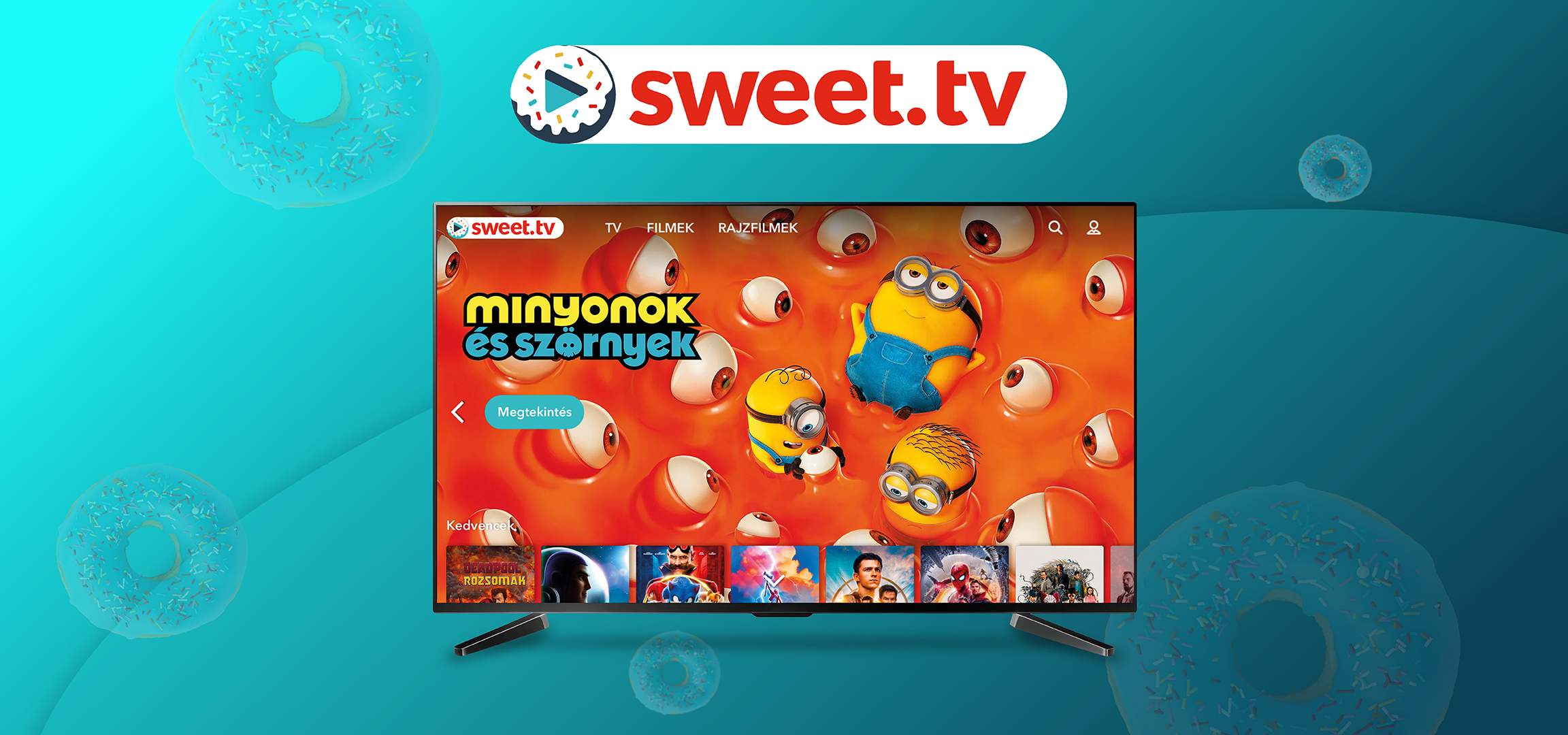 Televízió képernyőjén megjelenő online streaming felület fánkos háttérrel.
