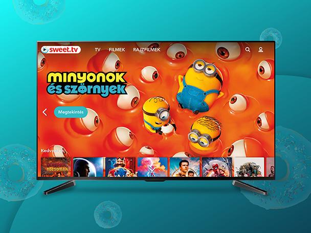 Okostévé képernyőjén megjelenő színes, mesefigurás streaming felület.