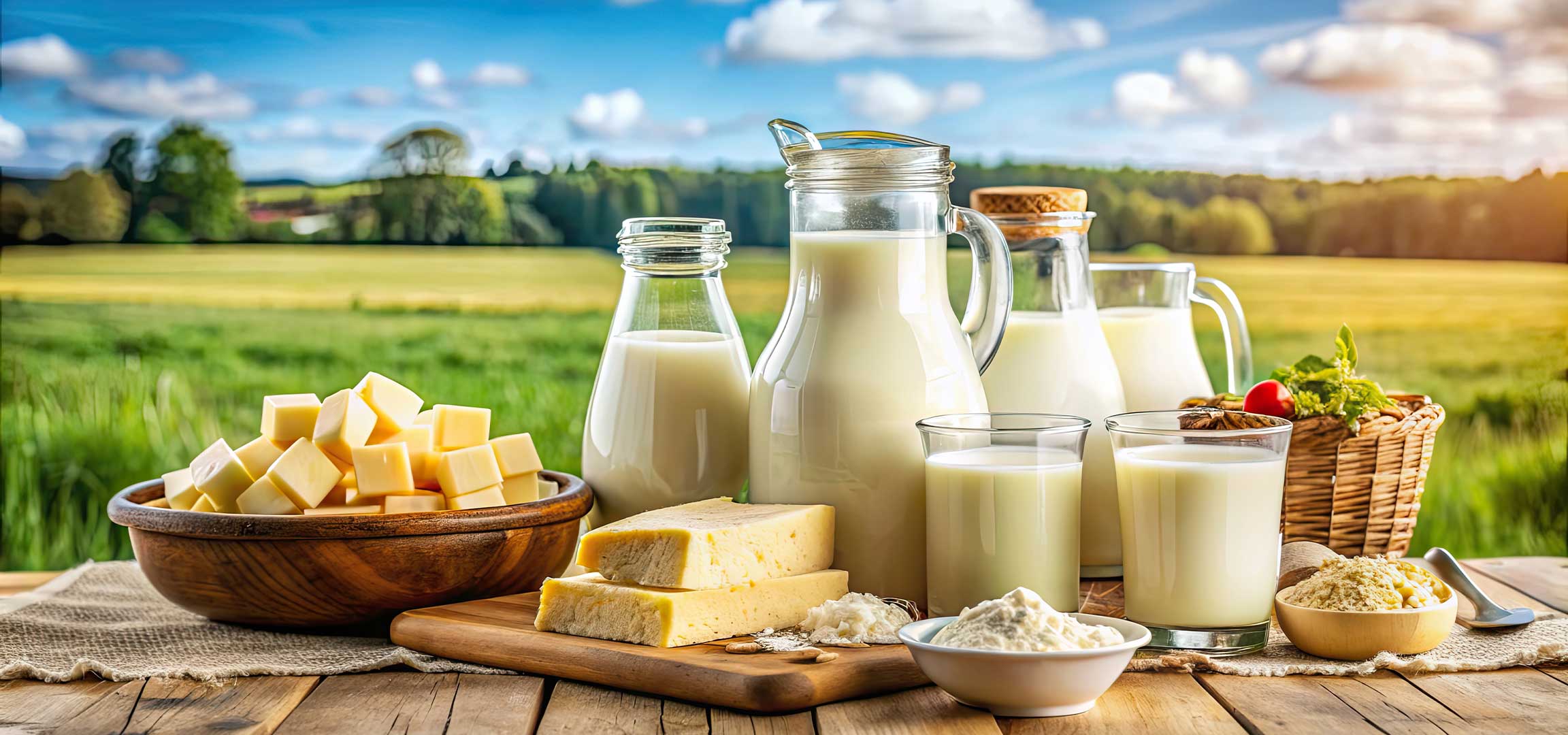 Tejtermékek, például tej, sajt és vaj egy fa asztalon, zöld mező és fák előtt.