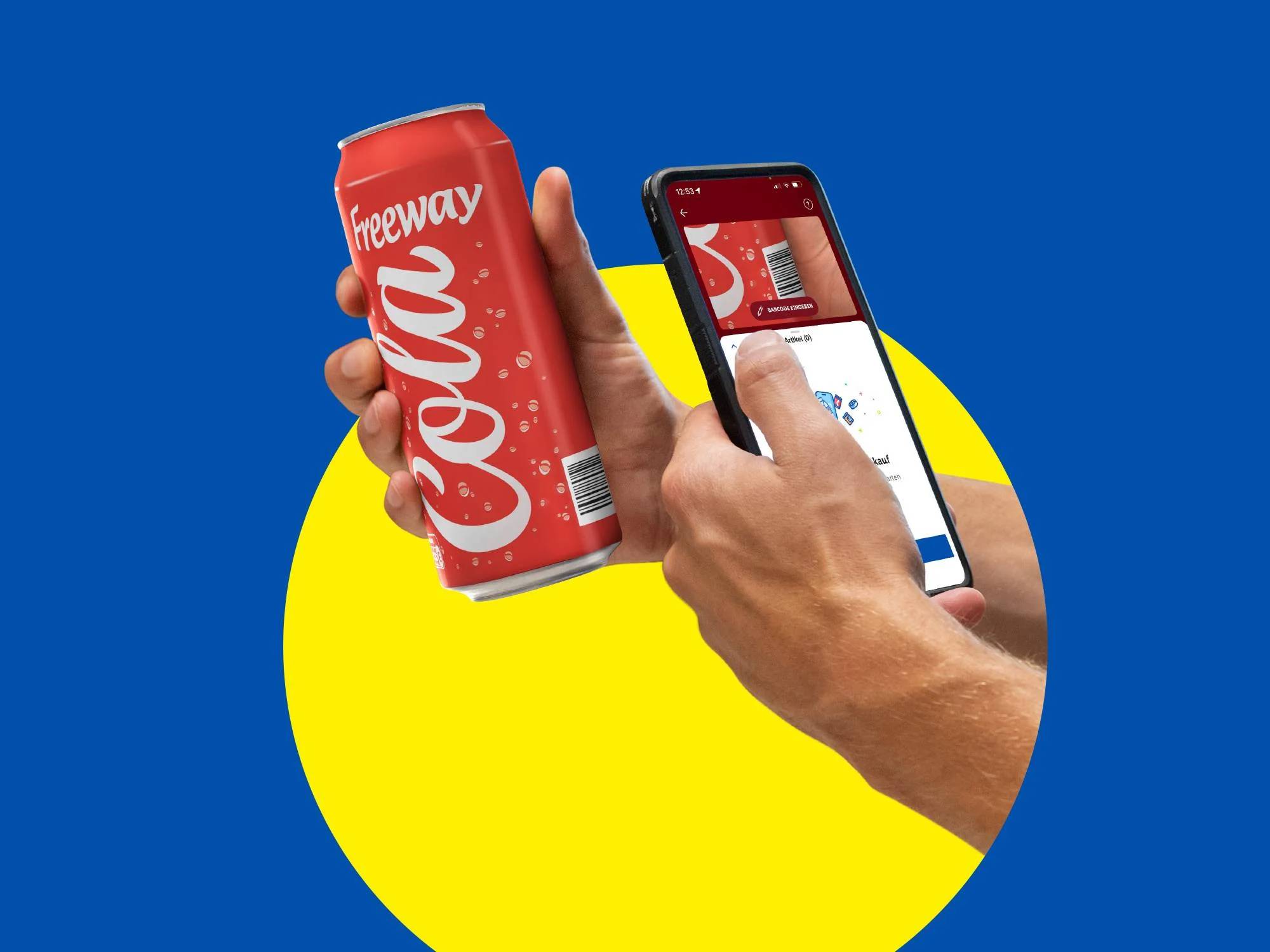 Egy kéz egy kólásdobozt tart, a másik egy okostelefont, amelyen vonalkód-leolvasó alkalmazás fut.