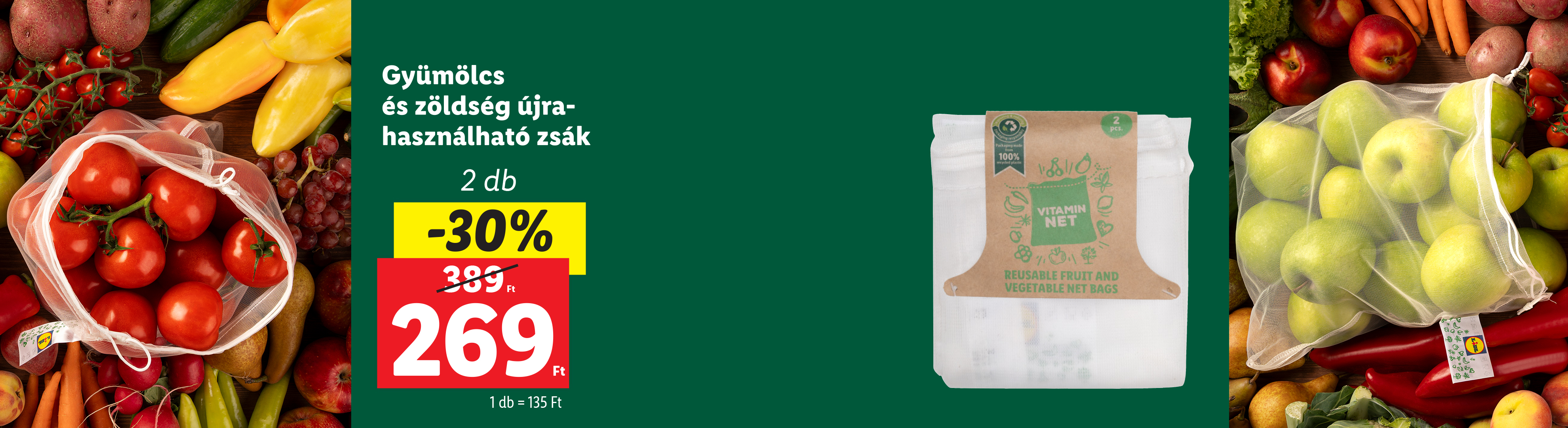 Lidl újrahasználható gyümölcs- és zöldség újrahasználható zsák (2 db), -30%-os kedvezménnyel.