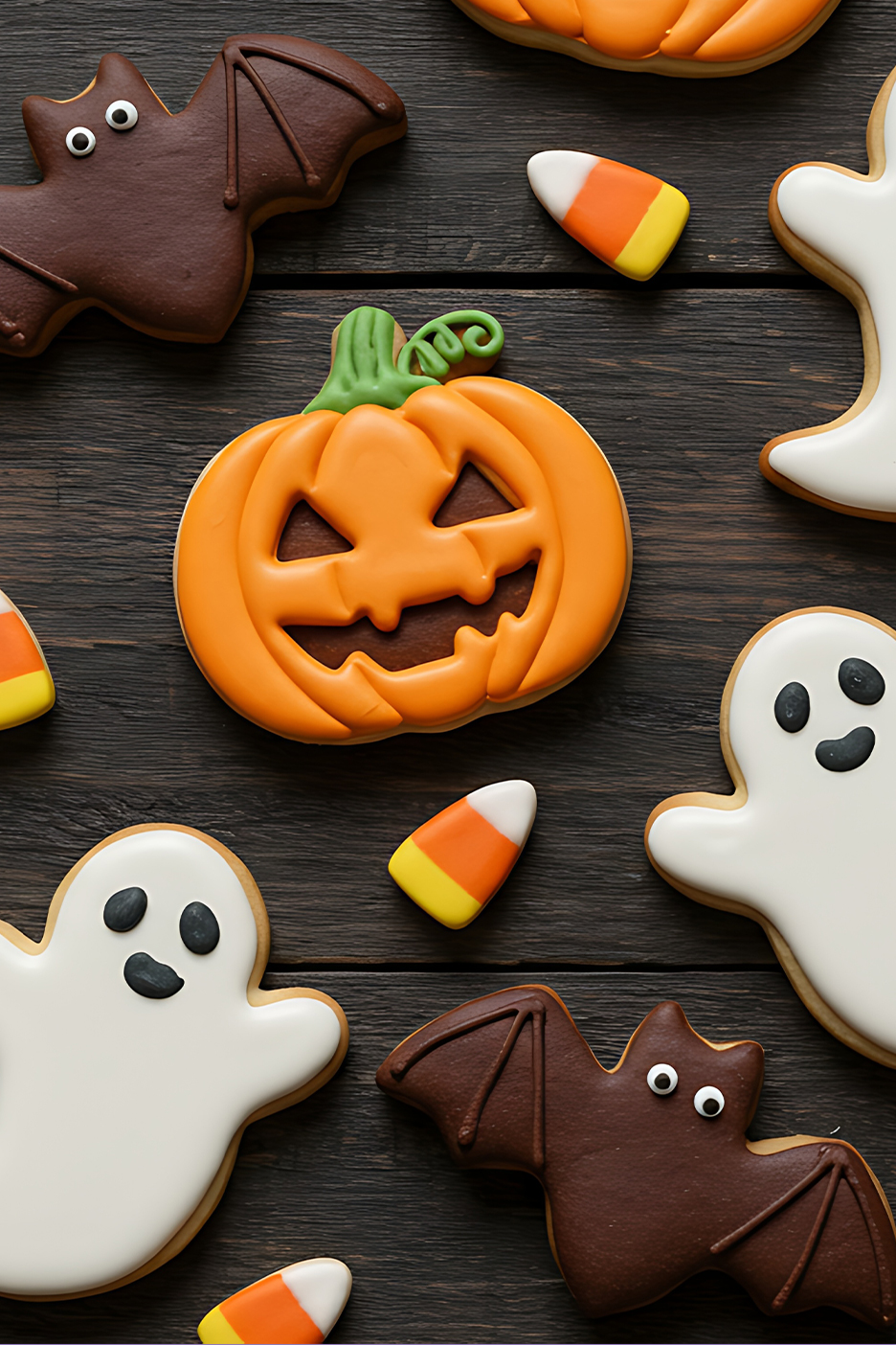 Halloween sütik: tök, szellem, denevér és kukoricacukor egy sötét fa asztalon.