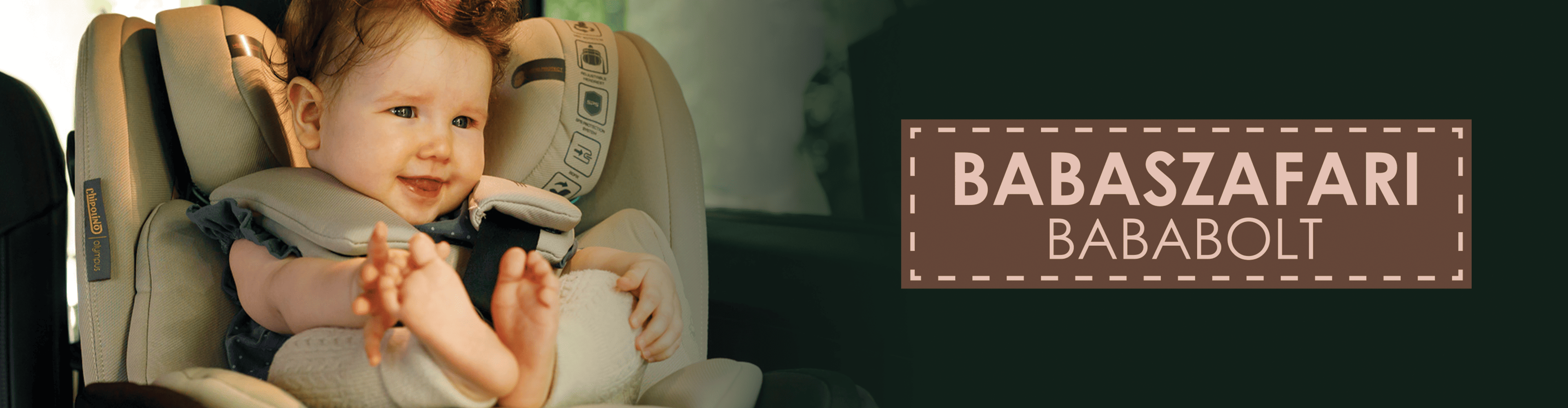 Mosolygó baba autósülésben, 'BABASZAFARI BABABOLT' felirattal.