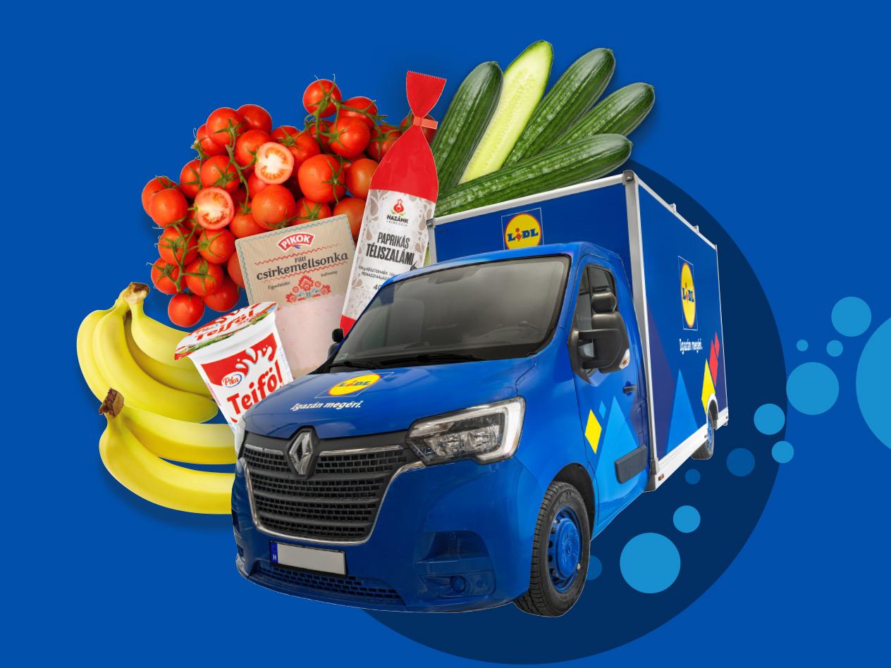 Lidl Kék házhozszállító kisteherautó friss zöldségekkel, gyümölcsökkel és tejtermékkel.