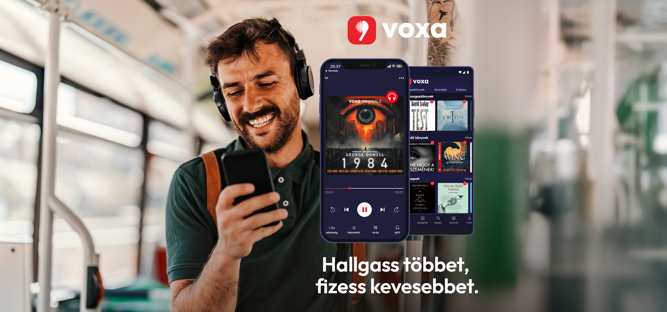 Fiatal nő hallgatja a telefonján a hangoskönyvet, mellette a felirat: Hallgass és olvass korlátok nélkül!