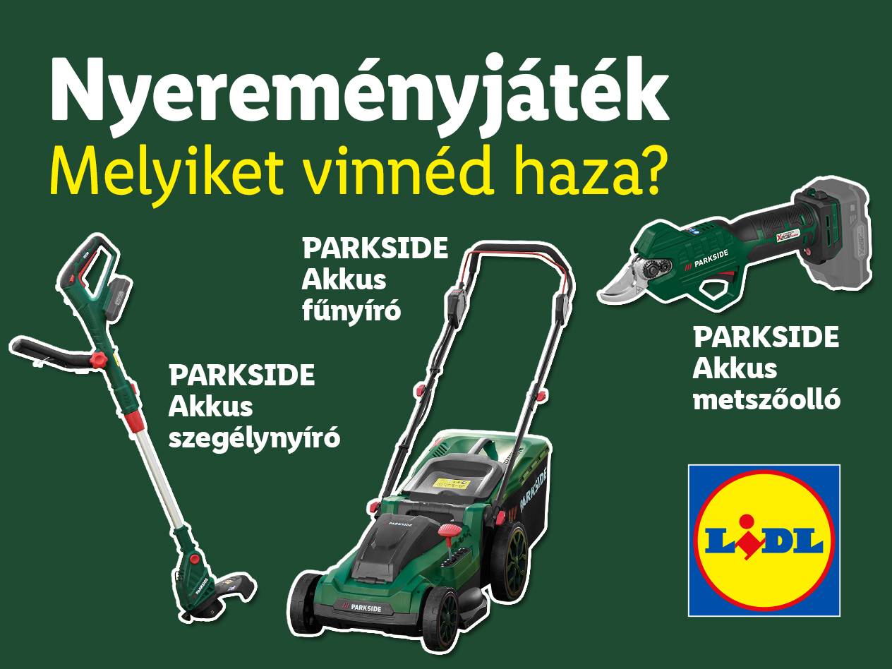 Nyereményjáték: Akkus fűnyíró, szegélynyíró és metszőolló, Lidl logóval.