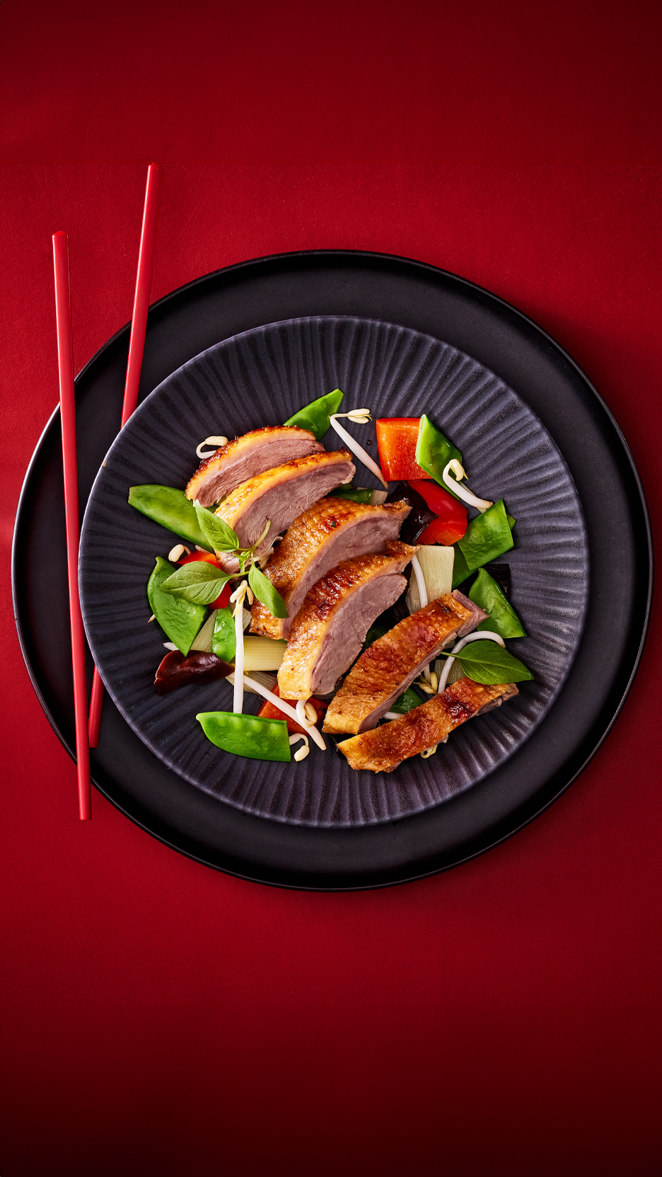 Párolt kacsamell szeletek zöldségekkel és csírákkal, fekete tányéron, piros háttérrel.