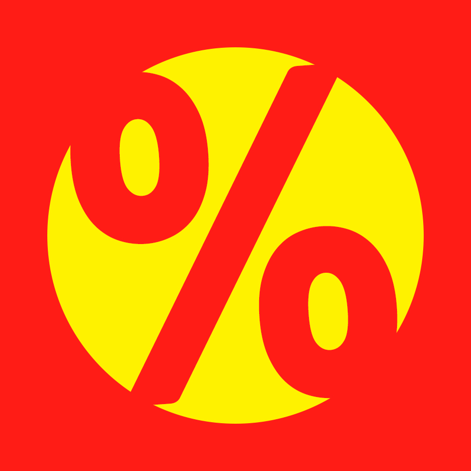 Piros százalékjel sárga körben, akciót vagy kedvezményt jelölve.