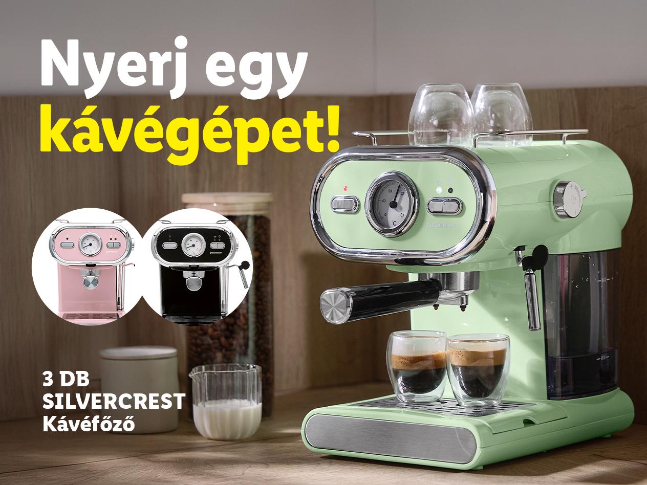 Nyerj egy kávégépet! Három kávéfőző, egy zöld és két kisebb rózsaszín és fekete.