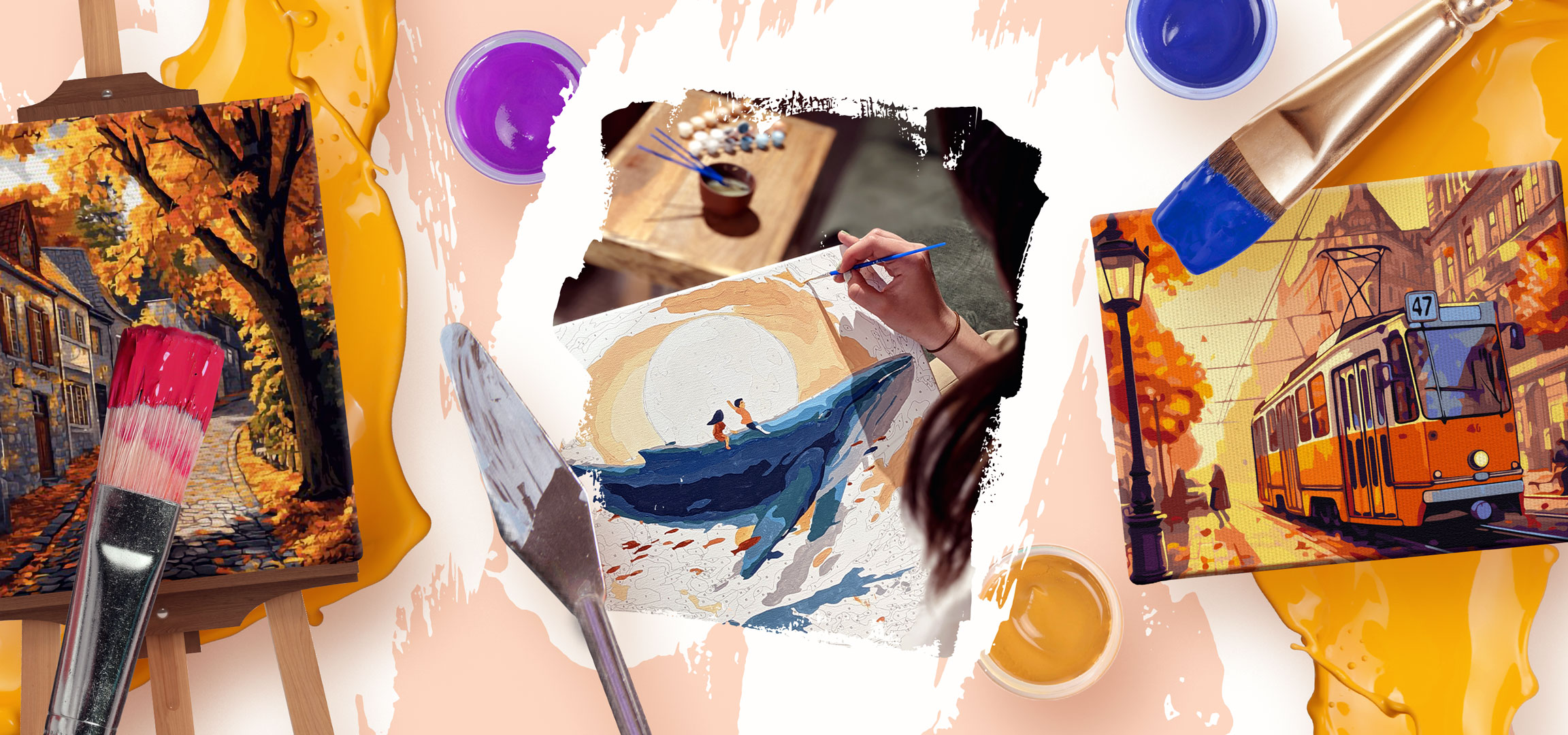 Festés számok szerint készlet, festékekkel és ecsetekkel, őszi és tengeri témákkal