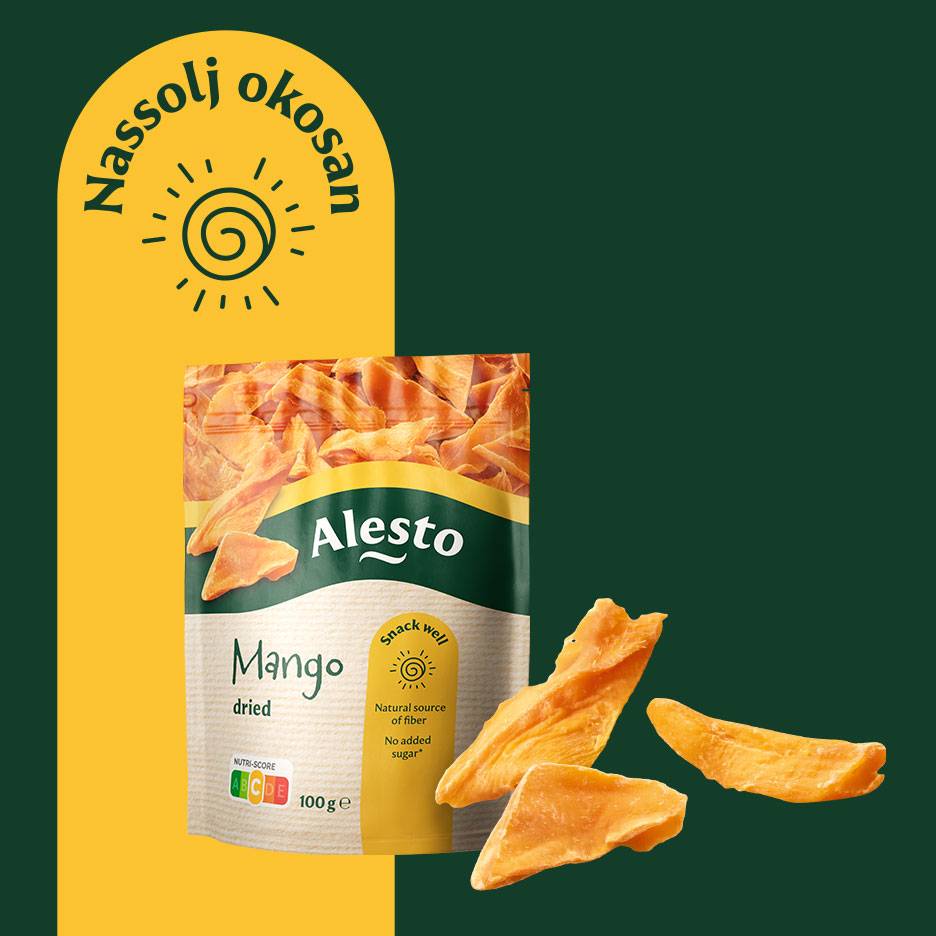 Szárított mangó snack csomagolásban, rostban gazdag és hozzáadott cukor nélküli.