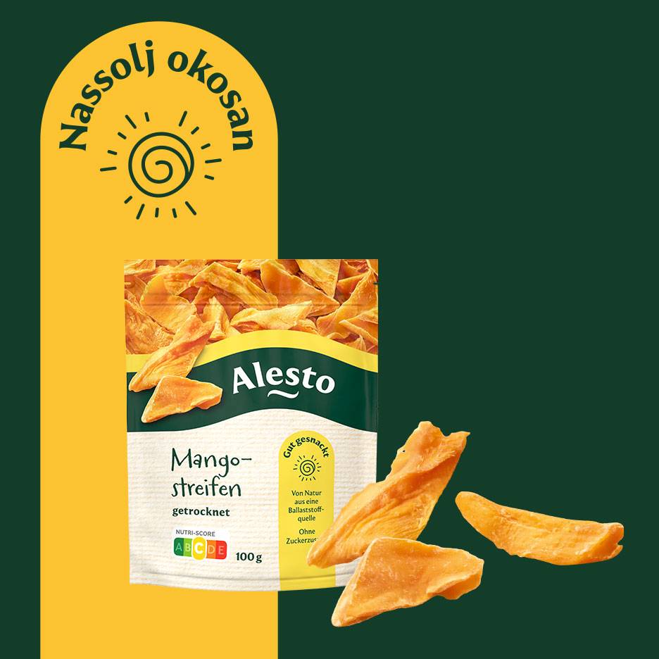 Mangócsíkok, szárított, 100g-os kiszerelésben, Nutri-Score A-val, természetes rostforrás, hozzáadott cukor nélkül.