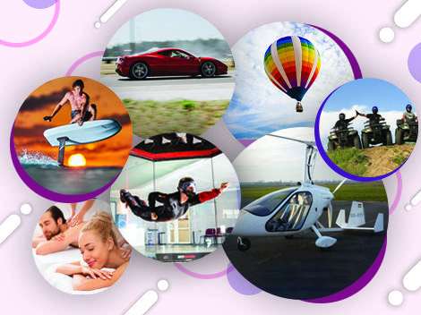 Különböző élményajándékok: sportautó, hőlégballon, quad, e-foil, beltéri ejtőernyőzés, helikopter, masszázs.