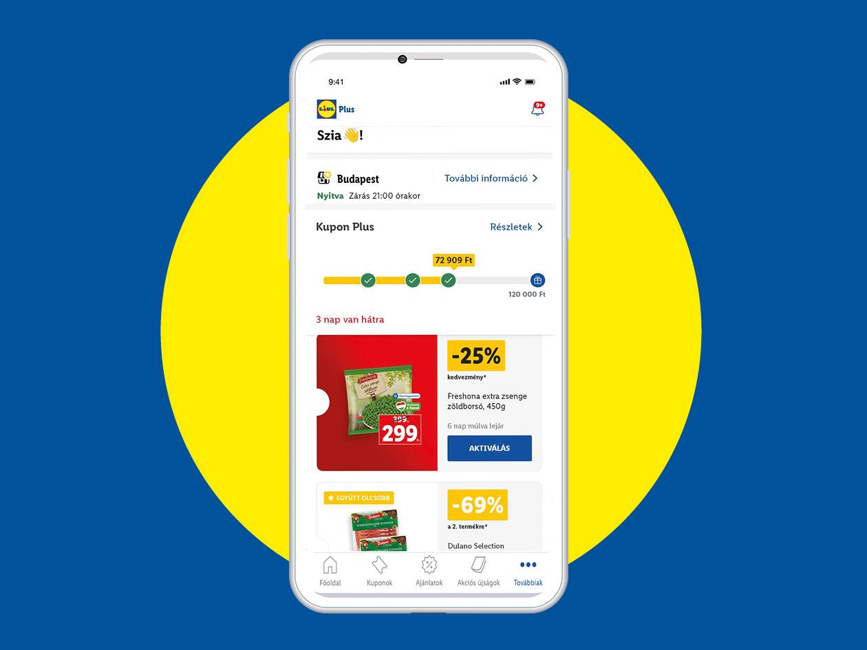 Lidl Plus alkalmazás képernyője kuponokkal és termékajánlatokkal, például Freshona zöldborsóval.