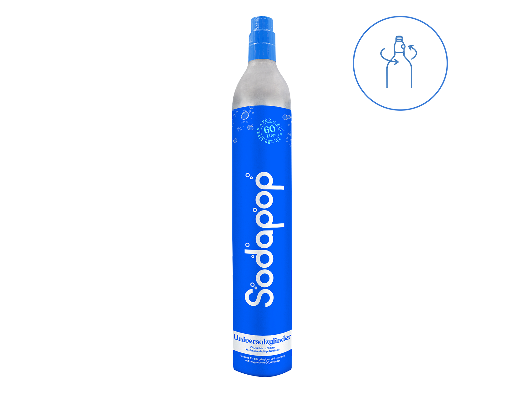 Sodapop univerzális CO2-palack 60 literes szénsavas italokhoz, kék címkével.