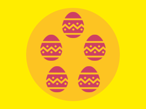 Öt rózsaszín húsvéti tojás sárga körben, sárga háttér előtt.
