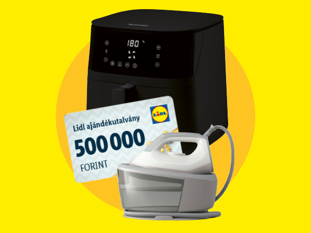 Légkeveréses sütő, gőzállomás és 500 000 forintos ajándékkártya sárga háttérrel.