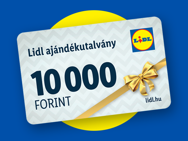 Lidl ajándékkártya 10 000 forint értékben, arany masnival díszítve, kék háttér előtt.