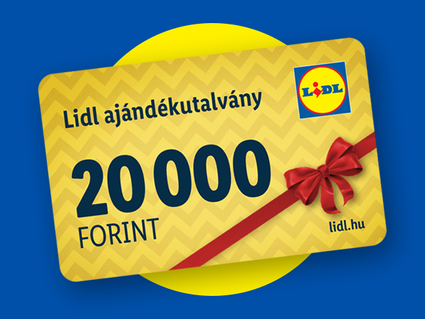 Lidl ajándékutalvány 20 000 forint értékben, piros szalaggal átkötve.