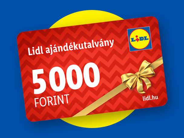 Lidl ajándékkártya 5000 forint értékben, piros alapon arany masnival.