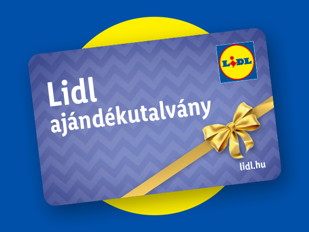 Lidl ajándékkártya arany szalaggal és masnival, kék háttér előtt.