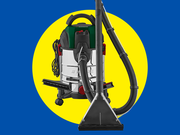 Nedves és száraz porszívó, sárga körben, kék háttér előtt.