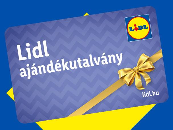 Lila ajándékkártya arany szalaggal és masnival, rajta a „Lidl ajándékutalvány” felirattal.