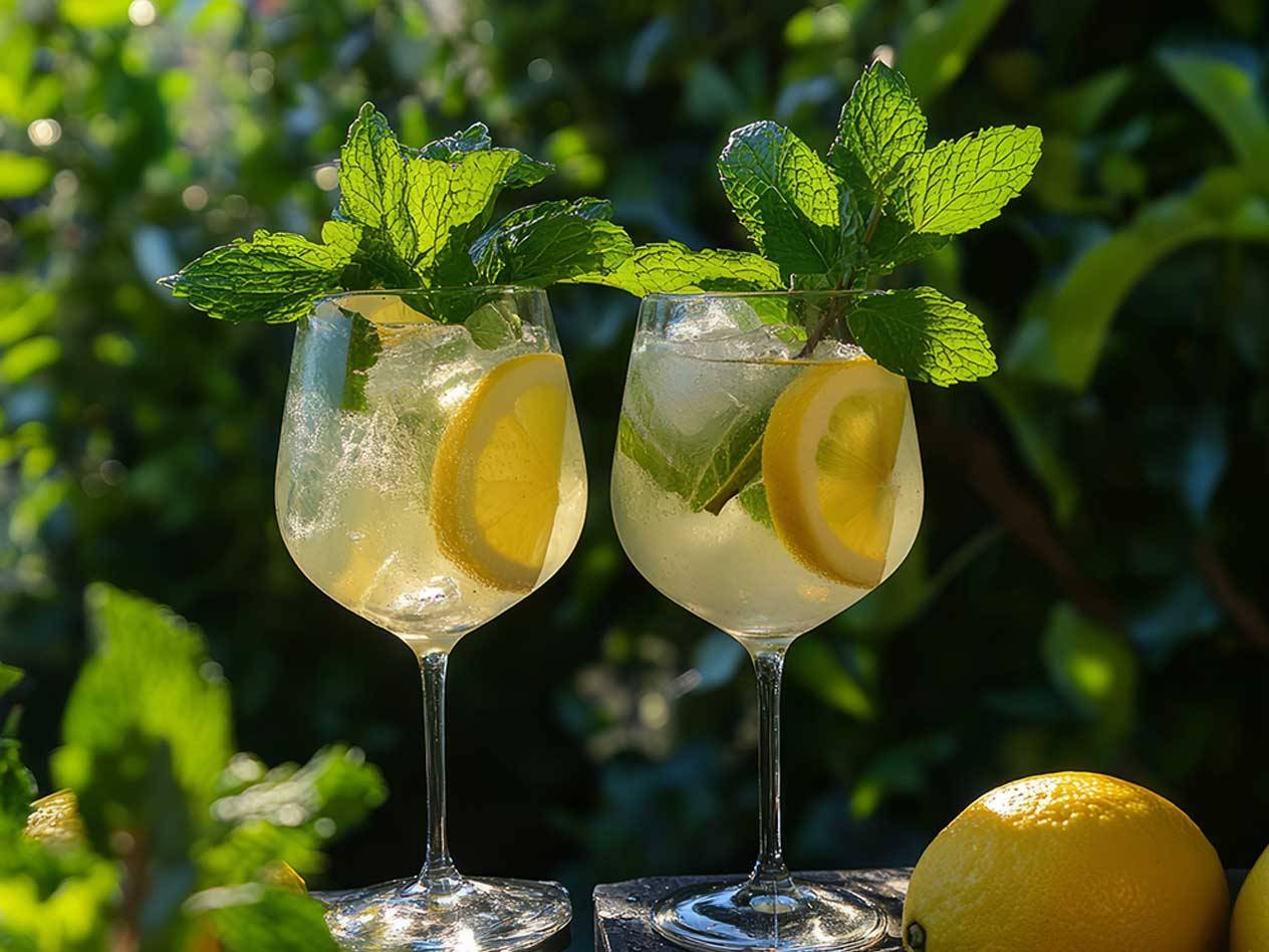 Két frissítő limonádés ital menta és citromszeletekkel díszítve, napsütötte kertben.