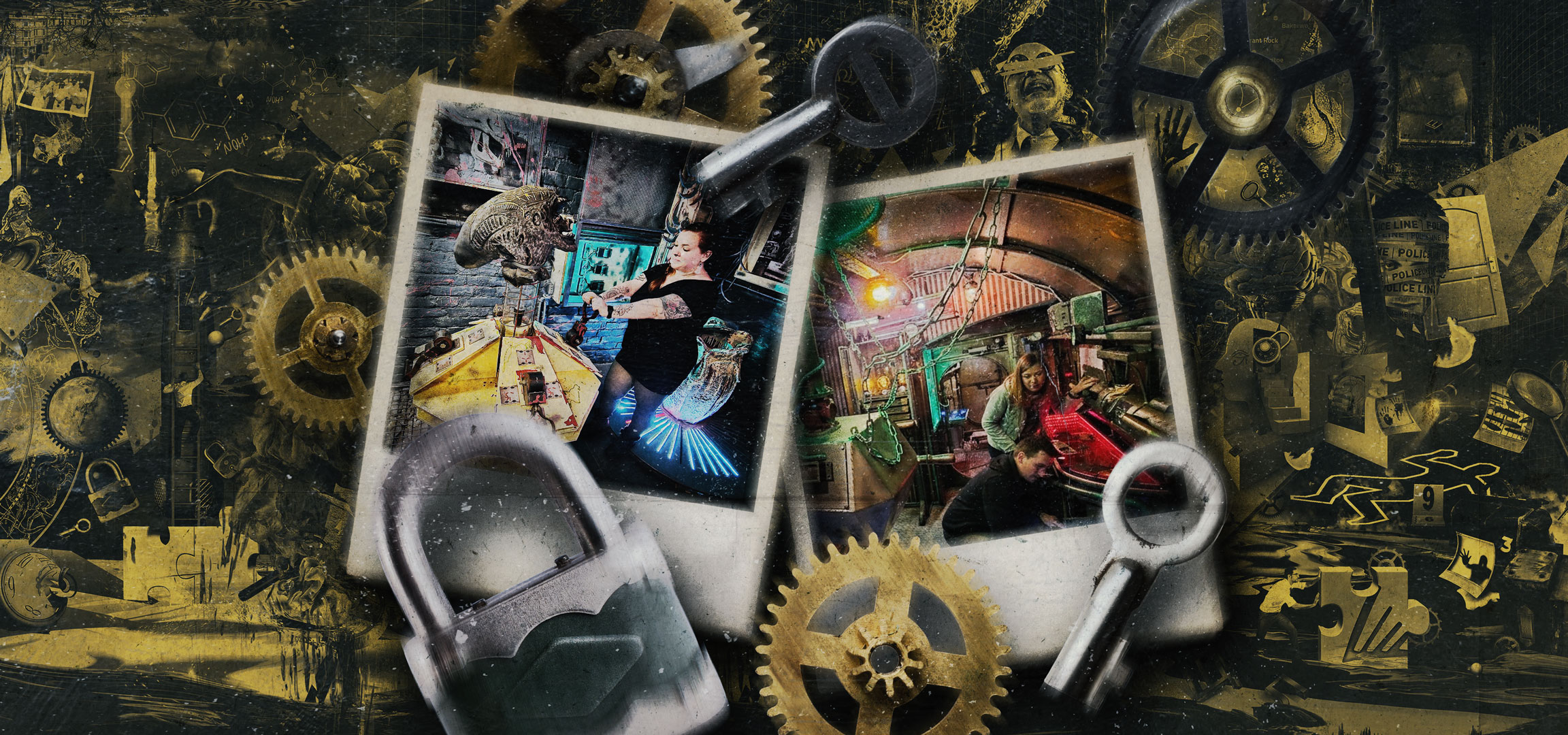 Sötét, arany tónusú kollázs, rejtélyes elemekkel és emberekkel, akik szabadulószobában játszanak.