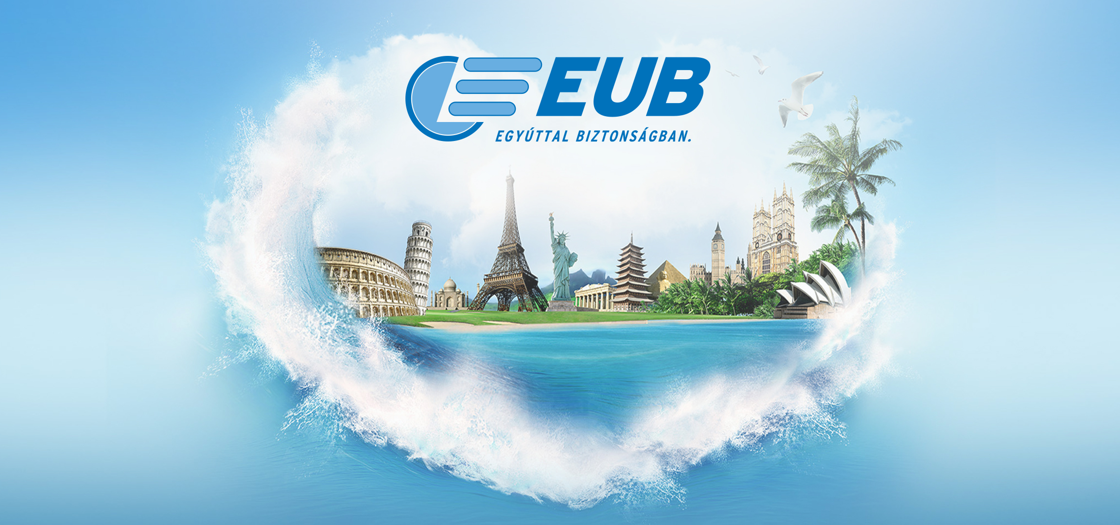 Kék háttér, hullámok szív alakban, nevezetességek és az EUB logó.