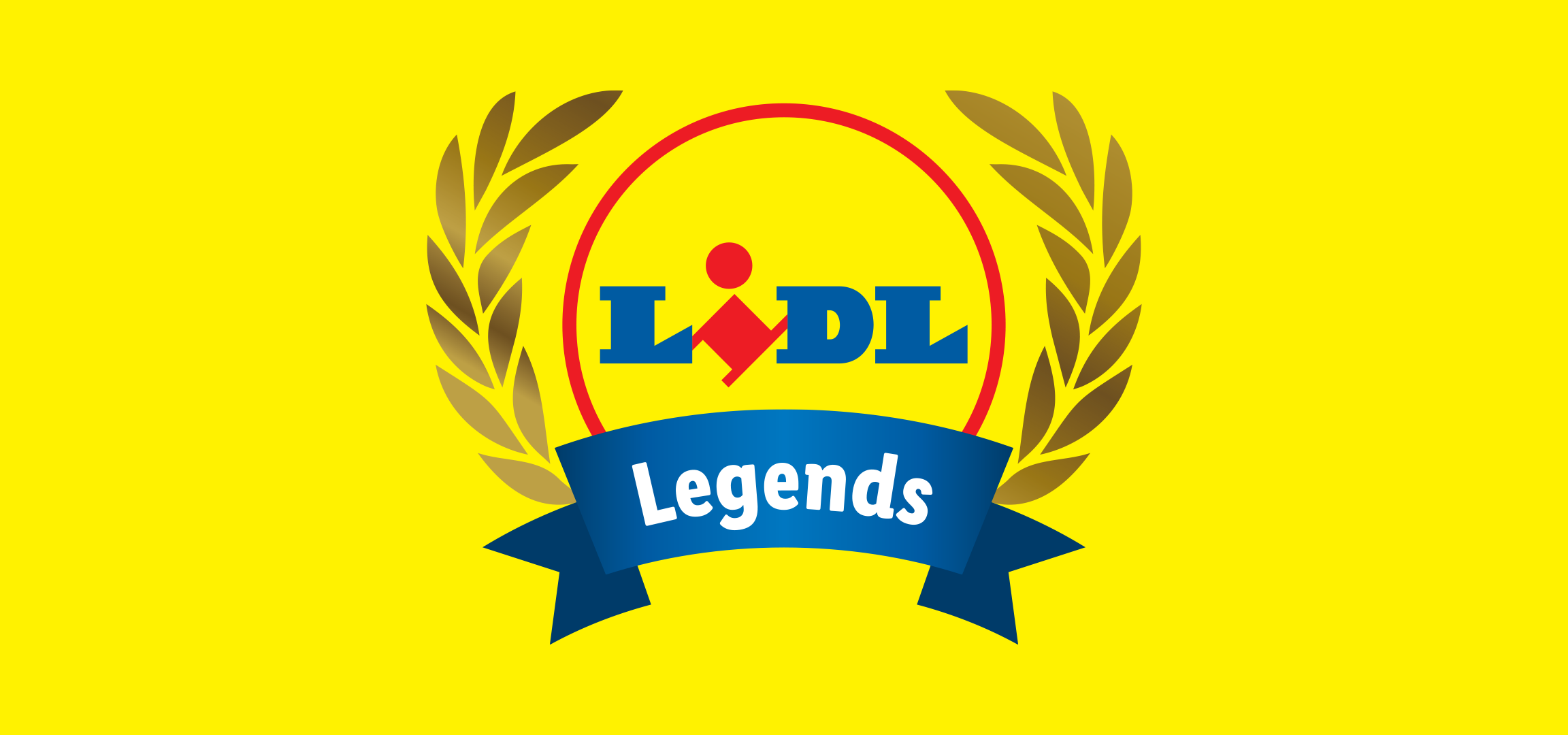 Lidl Legends logó sárga háttéren, babérkoszorúval és kék szalaggal.