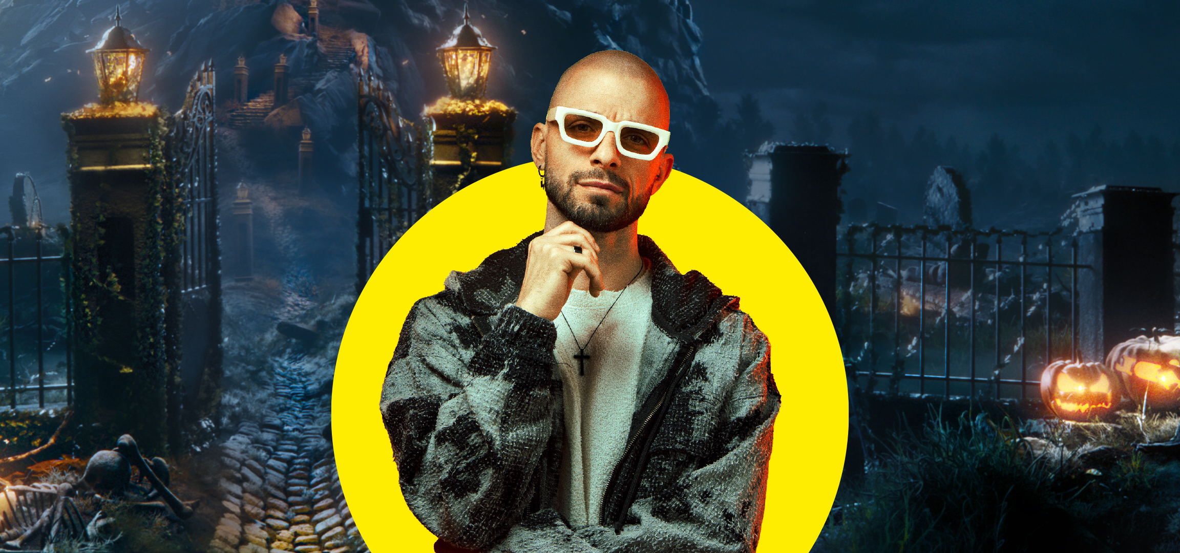 MI/AI segítségével létrehozott/módosított kép: Férfi fehér napszemüvegben, sárga kör előtt, kísérteties halloweeni háttérrel.