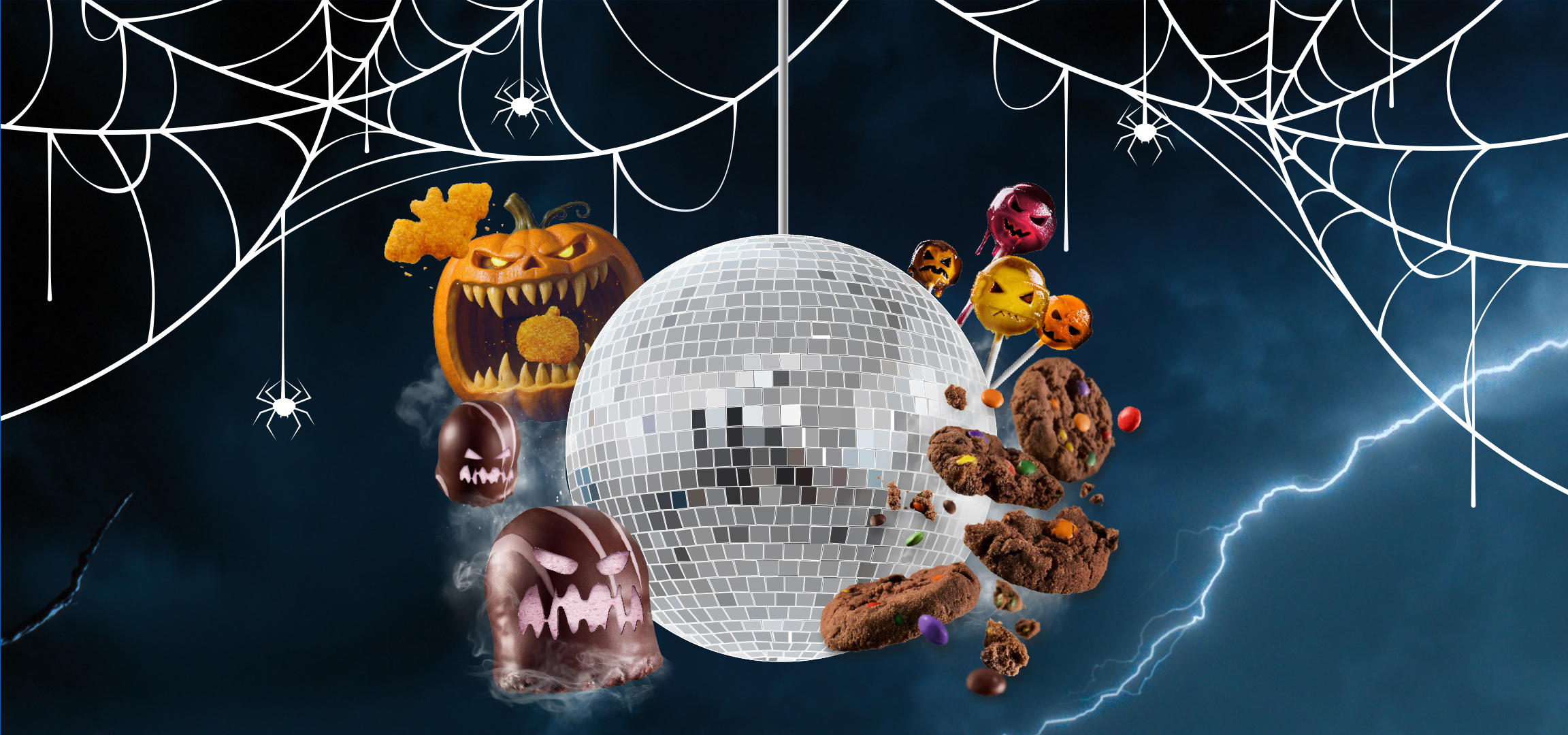 MI/AI segítségével létrehozott/módosított kép: Kísérteties halloweeni hangulatú kép denevérekkel, sütikkel és egy ijesztő tökfejjel.