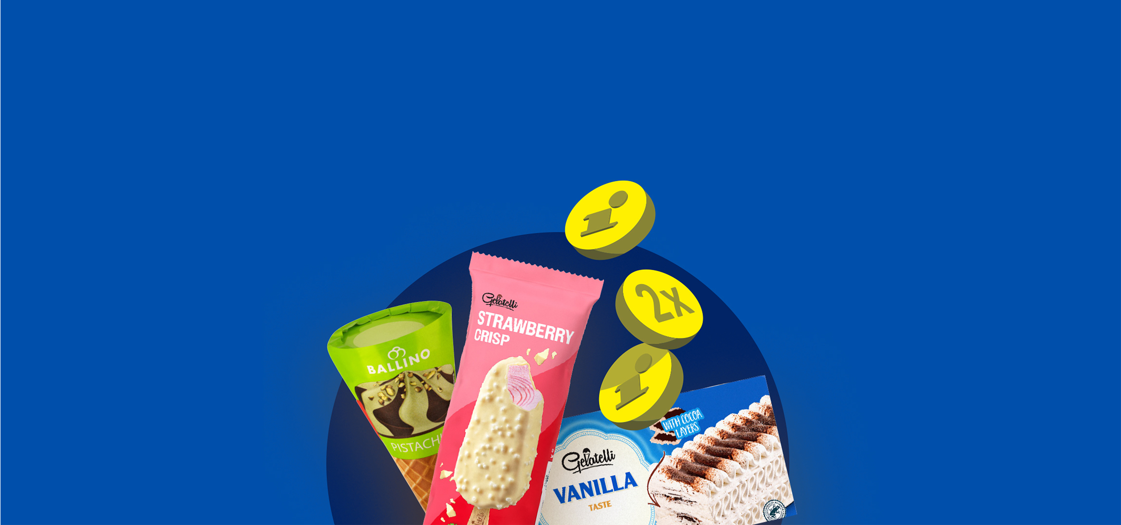 Fagylaltok és jégkrémek, köztük pisztáciás tölcséres, epres és vaníliás ízek.