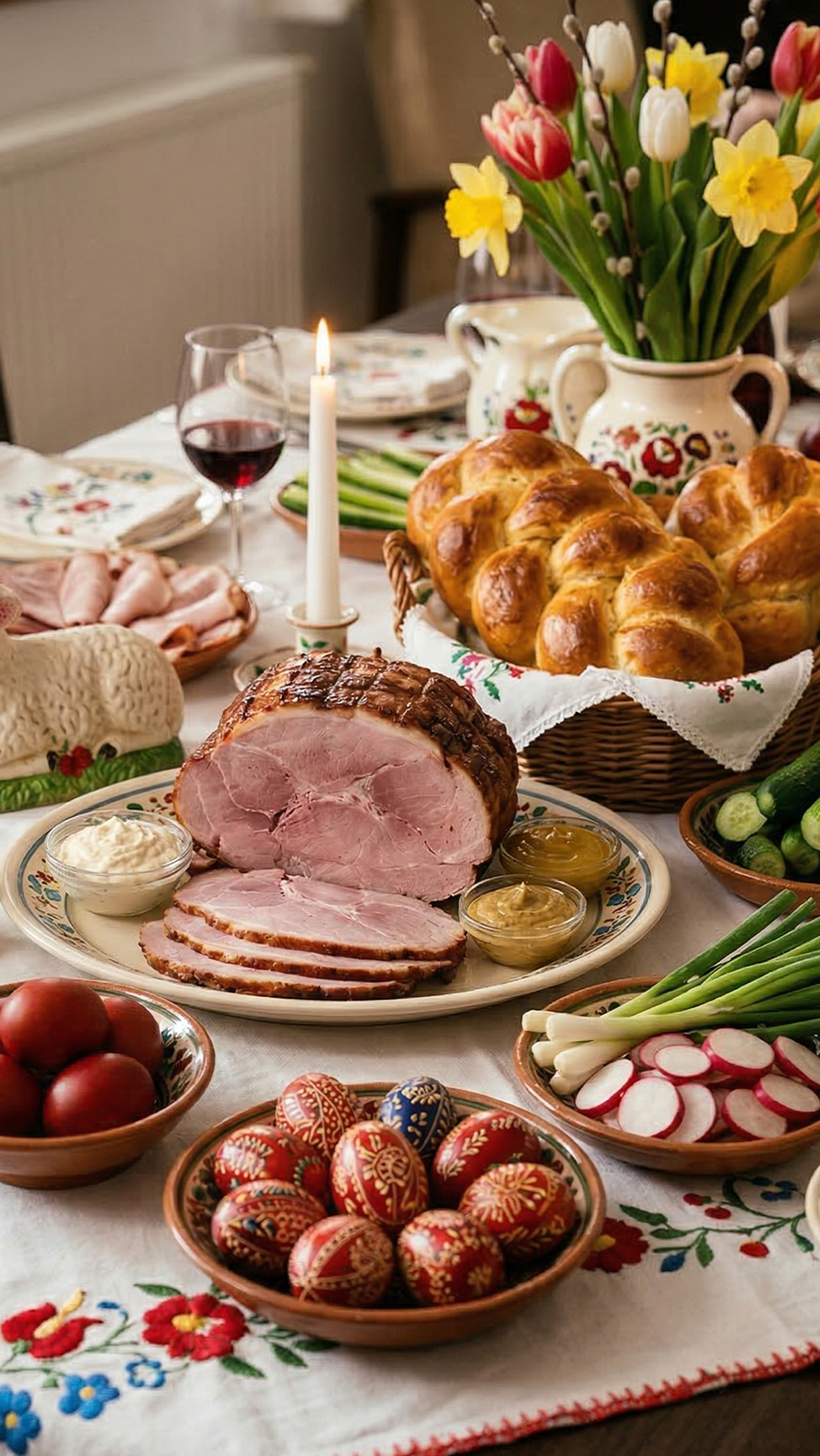 Húsvéti asztal sonkával, kaláccsal, festett tojásokkal és tavaszi virágokkal.