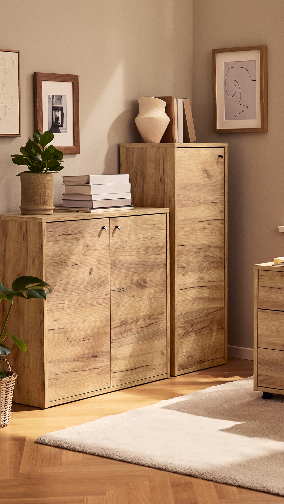 Fából készült szekrények és komódok, növényekkel és képekkel díszítve.