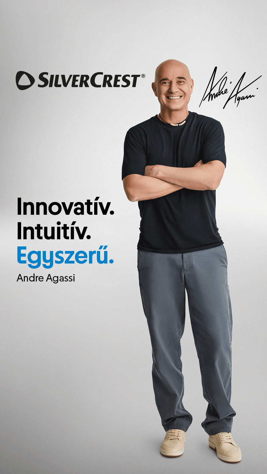 Andre Agassi keresztbe tett karral, mellette három szó: Innovatív. Intuitív. Egyszerű.