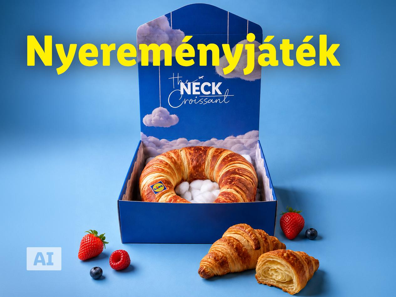 Nyereményjáték hirdetés óriás és normál méretű croissant-okkal, gyümölcsökkel kék háttér előtt.