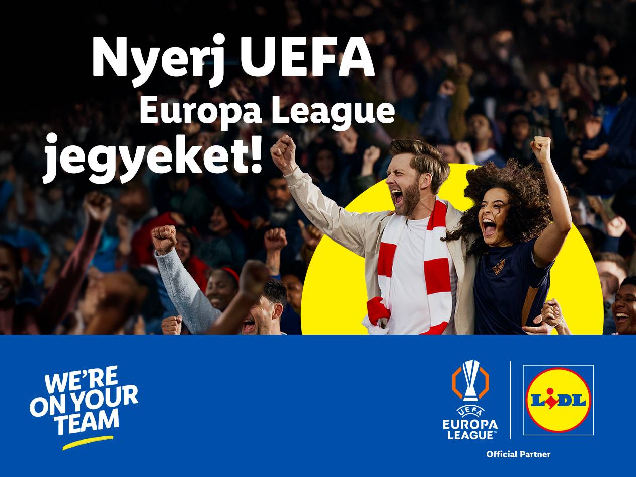 Focirajongók ünnepelnek, UEFA Europa League és Lidl logókkal.